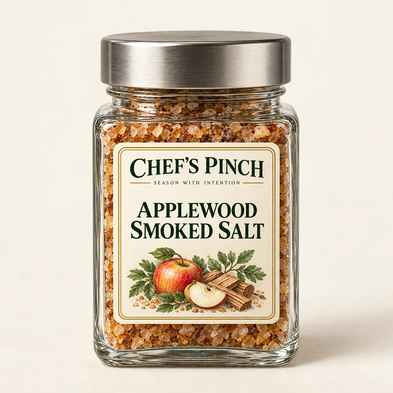 Chef’s Pinch Applewood Smoked Salt labeled bottle concept