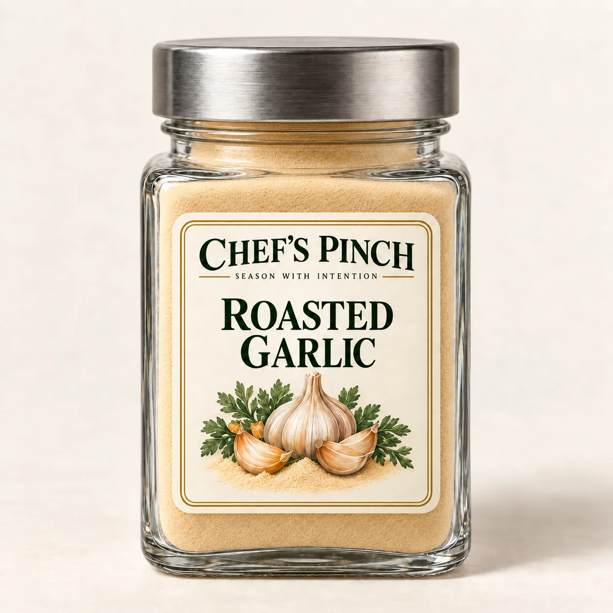 Chef’s Pinch Roasted Garlic labeled bottle concept